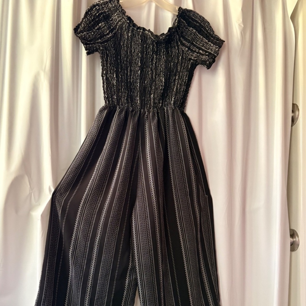 Xhiliration Black & Silver Jumpsuit, Off the Shoulder, Elastic Top - size Small